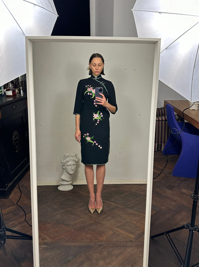 Vintage Black Qipao Dress, Embroidered Pencil Midi Dress