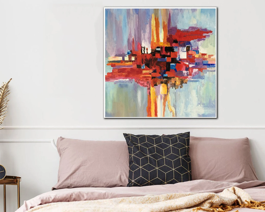 Abstract Colorful Painting Mosaic Red Wall Art Vibrant Artwork Thick Heavy Textured Contemporary