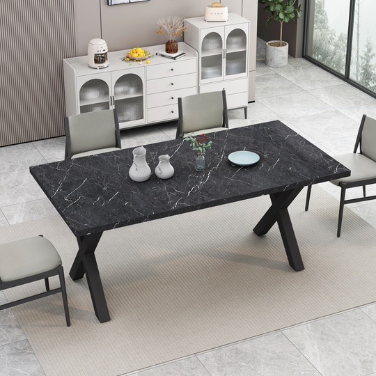70.87" Modern Square Dining Table with Printed White Marble Table Top and Gold X-Shape Table Leg