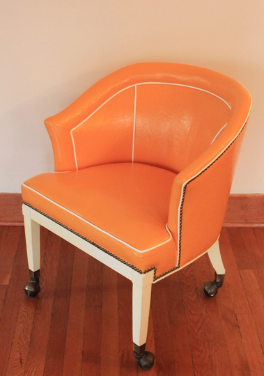 1960S Naugahyde Rolling Barrel Nail Head Chair Orange White Piping Mcm