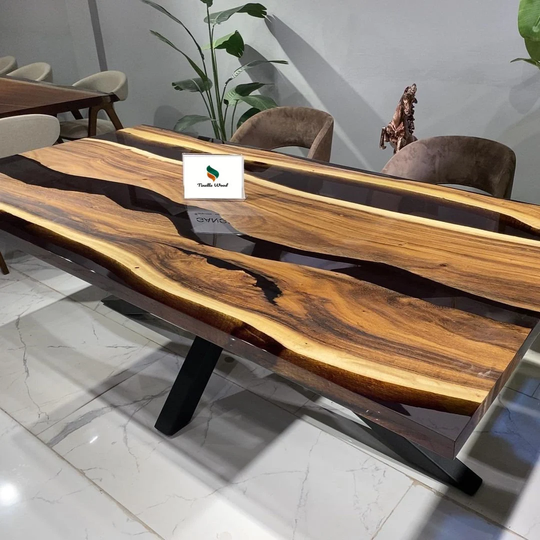 Black Epoxy Resin Table, Customized Dining Table Top, 2 River Transparent