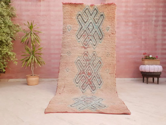 Gorgeous Moroccan Rug 3.7x8.7 Unique Beautiful Blush Vintage Boujaad Rug, Artistic Hallway Colorful Rug