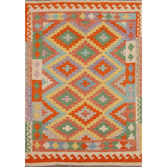 Colorful Geometric Kilim Reversible Area Rug Flat-weave Wool Carpet - 5'1" x 6'8"
