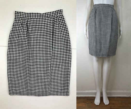 Vintage Checkered Pencil Skirt | 90S Black & White Woven Rayon With Pockets Womens Size Xxs 24" Waist