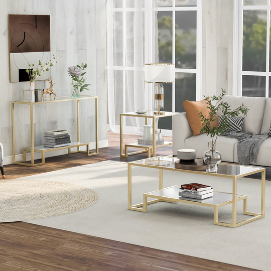 3-Piece Glass Table Sets, 2-Tier End Table + Side Table + Coffee Table