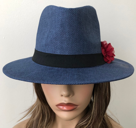 Blue Panama Straw Hat With Wine Flower, Women's Hat, Fedora Summer 23" Up To 24" Ready Ship