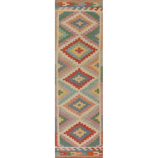 Colorful Geometric Kilim Runner Rug Hand-woven Oriental Wool Carpet - 2'8"x 9'9"