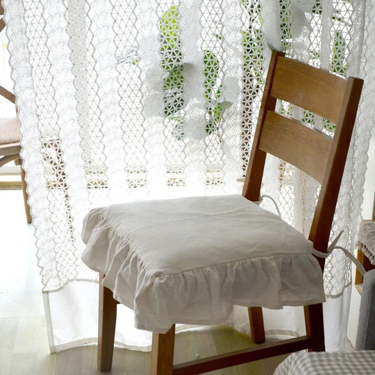 100% Linen Chair Pads With Ruffle | 16"/18"Comfortable Ties U-Shaped Seat Cushion For Dinning Chair White & Beige