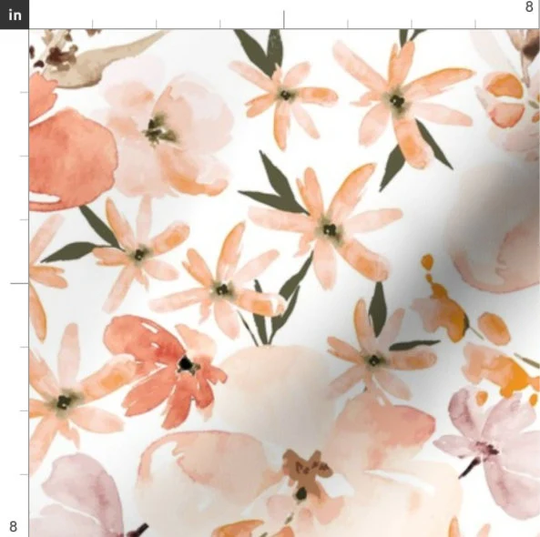 Peach Apricot Floral Fabric By The Yard | Watercolor Flowers Florals Made To Order Organic