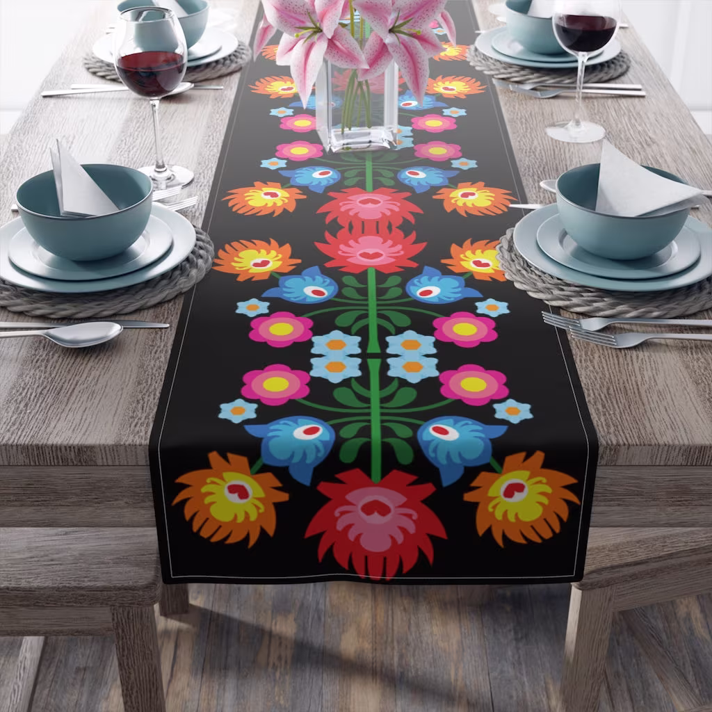 Polish Folk Art Floral Colorful Table Runner Scandinavian | Cotton Twill