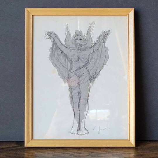 Mixed Media Framed Drawing/Pencil Watercolor Black White Gothic Angel /Signed