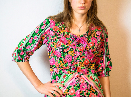 Vintage Folk Dress/70S-80S Colorful Retro Cotton Wide Ethnic With Ruffled Sleeves Oversize Size M - L