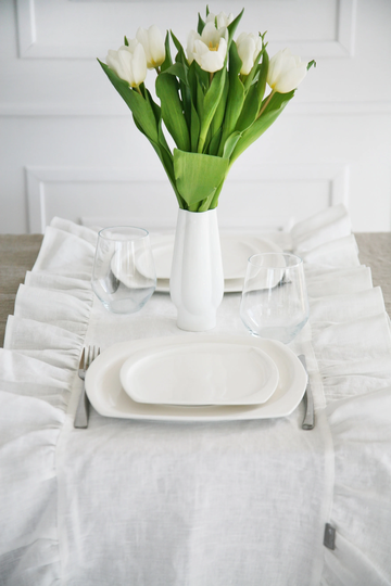 Ruffled Table Runner From Stone Washed Linen | Custom Handmade Softened Boho Zero-Waste Base With Ruffle