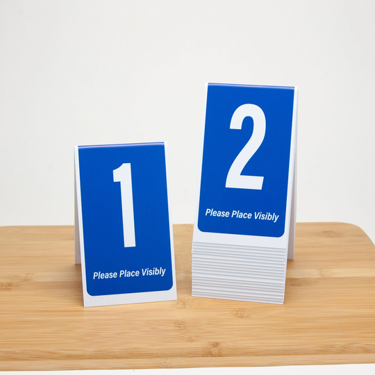Tent Style Table Numbers 1-50, Plastic, Blue with White Numbers, Free Shipping