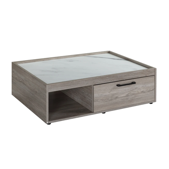 1 Drawer and 2 Shelves Coffee Table with Faux Marble Top in Gray Oak and White
