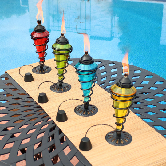 Colored Glass Outdoor Tabletop Torches - Fiberglass Wicks - Set of 4 - Multi-Color
