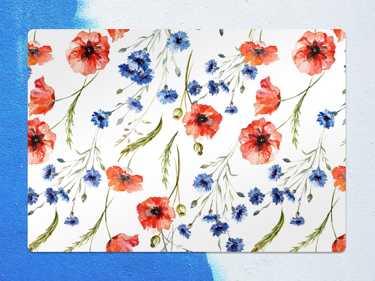 Poppies & Cornflowers Chair Mat, Blue Splat Red Vinyl Floor Floral Protective Pad, Area Rug, Comfort Mat