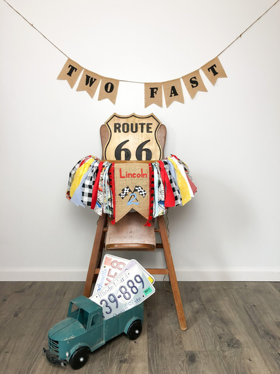 Two Fast Car Second Birthday High Chair Banner/Burlap Banner/Boy Party Decor/Vintage Classic Cars Truck Theme/Blue Yellow Red/Checkered Flag