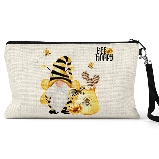 Bee Happy Cosmetic Bag, Cute Gnome Gift, Makeup Case, Pencil Be Mirror, Compact Mirror Toiletry 7-Sum016