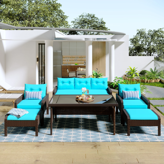 6-Piece Outdoor Patio PE Wicker Rattan Sofa Set Dining Table Set with Removable Cushions and Tempered Glass Tea Table