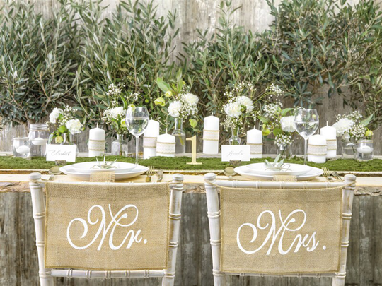 Burlap Mr & Mrs Wedding Chair Sign, & Decorations, Rustic Venue Decor, Top Table Decor