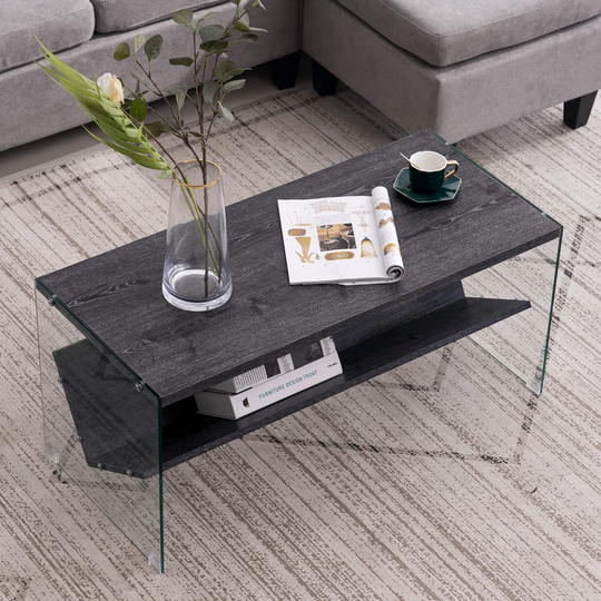Ivinta SoHo Coffee Table, Gray / Glass Small Cocktail Table with Storage Shelf