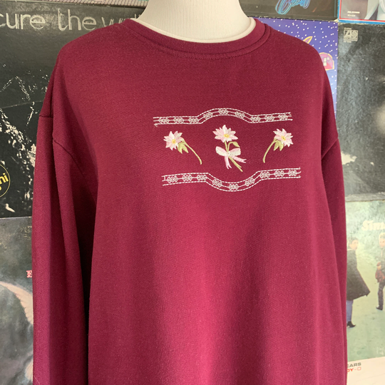 Floral Embroidered Maroon Sweatshirt Cute Kitschy Pullover Vintage 1990S Grandma Cottagecore Burgundy White 2 Color Crew Neck Size Xl Xxl