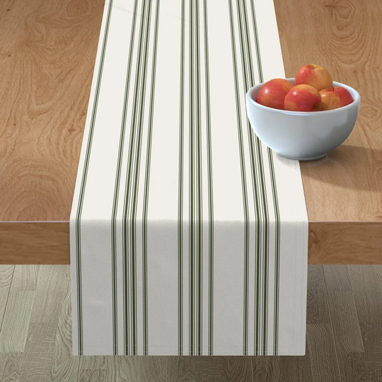 Grain Sack Stripe Table Runner - Green On Cream By Misstiina Earth Tone French Country Cotton Sateen Spoonflower