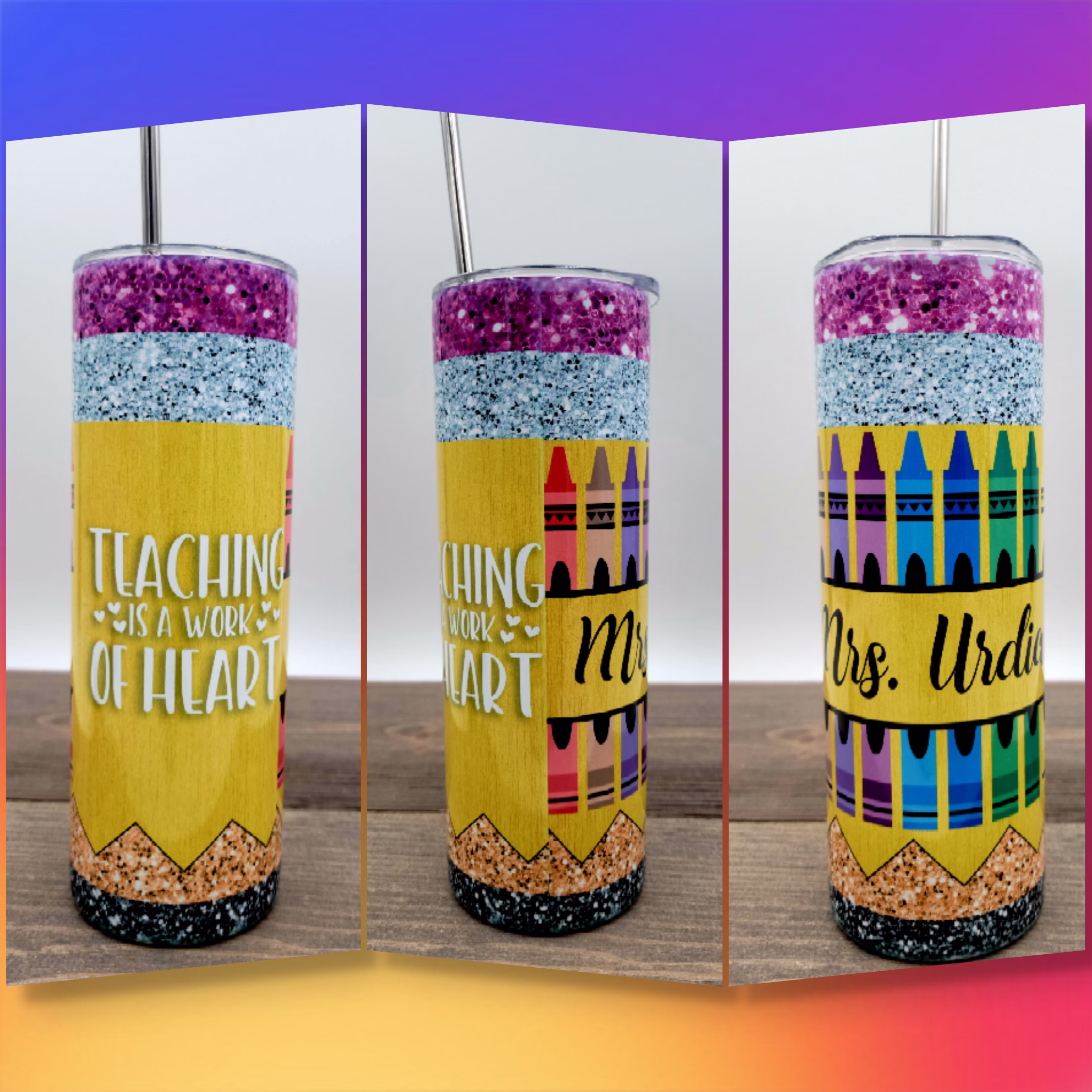 Teaching Is A Work Of Heart Personalized Faux Glitter Tumbler| Pencil Cup |School |Teacher| Tumbler