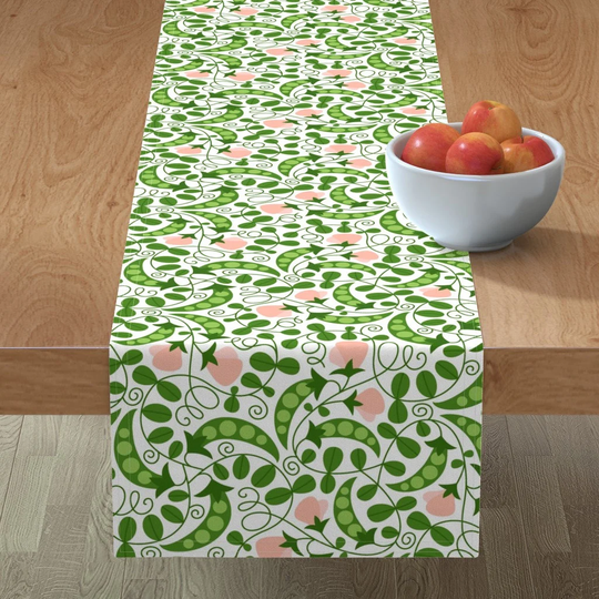 Whimsical Garden Table Runner - Blooming Peas By Kancerina Green & Pink Vegetables Botanical Cotton Sateen Spoonflower