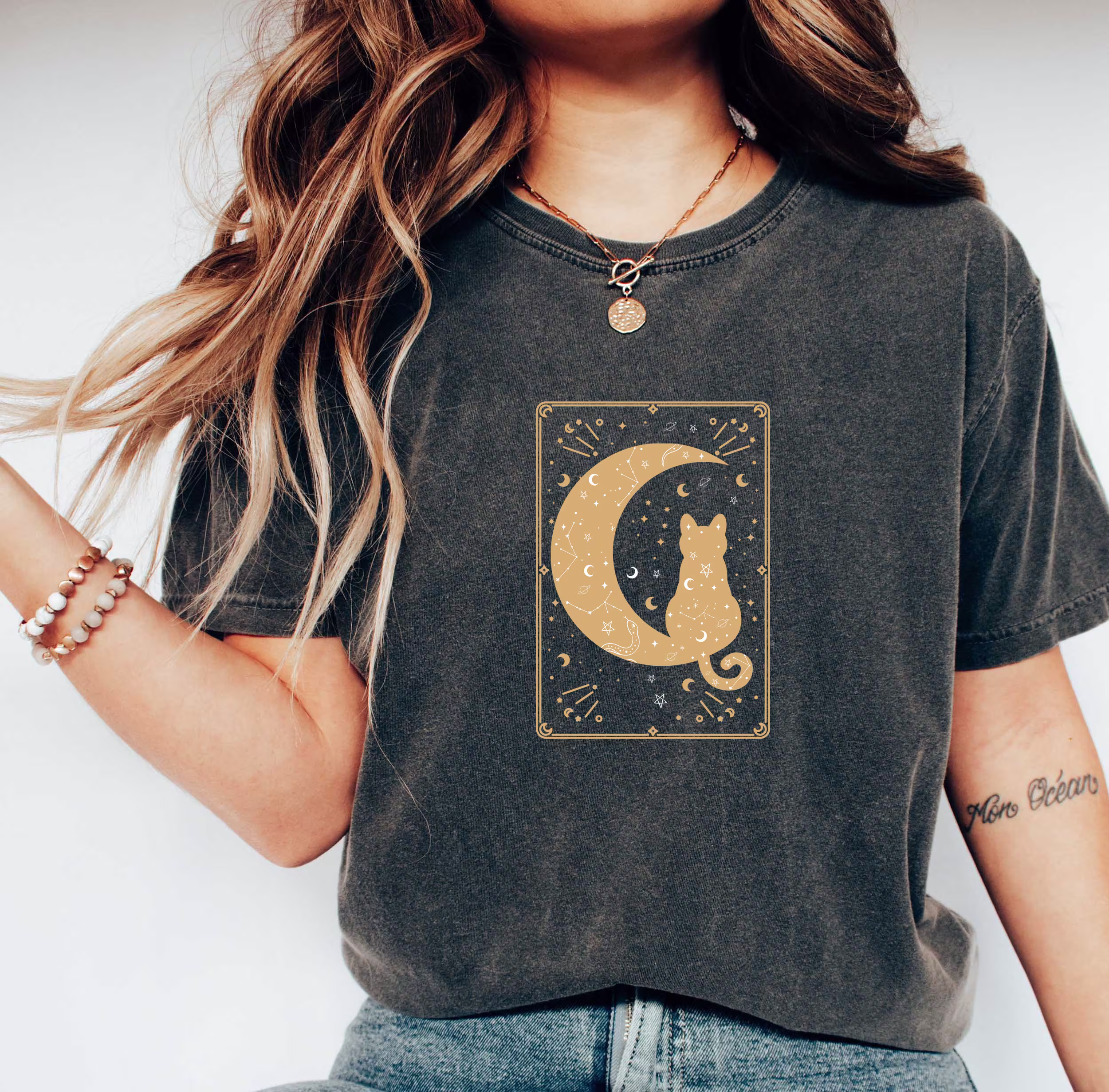 Comfort Colors Moon & Cat Shirt, Celestial Tarot Card Tshirt, Top, Animals T-Shirt, Comfy Oversized Boho