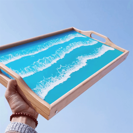 Wood Resin Art Table, Painting Blue Ocean Waves, Portable Folding Bed Picnic, Notebook Desk, Artisan Handmade Home Decor