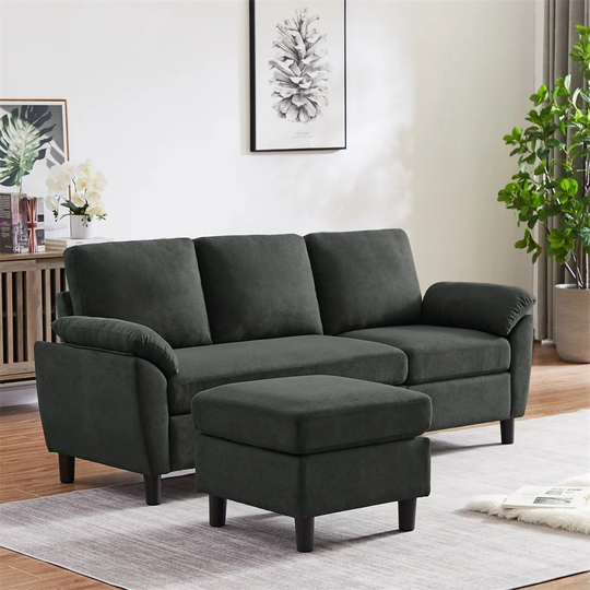 Linen Upholstered Sectional Sofa With Ottoman L-Shapped Sofa Couch For Living Room