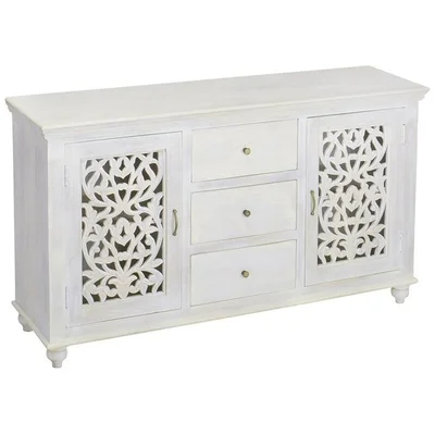 64 Inch White Sideboard Buffet With Drawers, Hand Carved Luna Collection