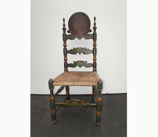Vintage French Country Rush Ladderback Green Red Chair Dragon Motif Floral Paint