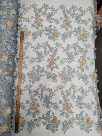 Multi-Colored Sky Blue Lace Fabric Embroidered On Mesh with 3D Chiffon Flowers For Dress Gown Prom Costume Diy Materials Supply