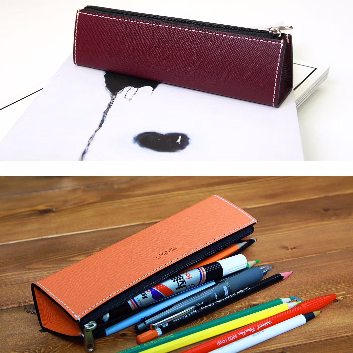 Saffiano Leather Zipper Pencil Case, Holder, Pouch, Pen Bag, Box