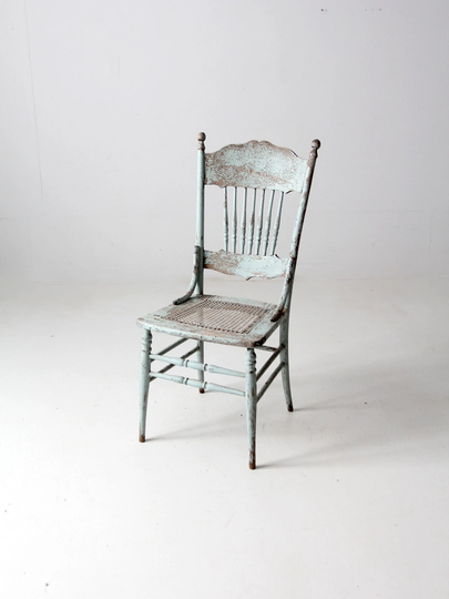 Antique Light Blue Press Back Cane Seat Chair