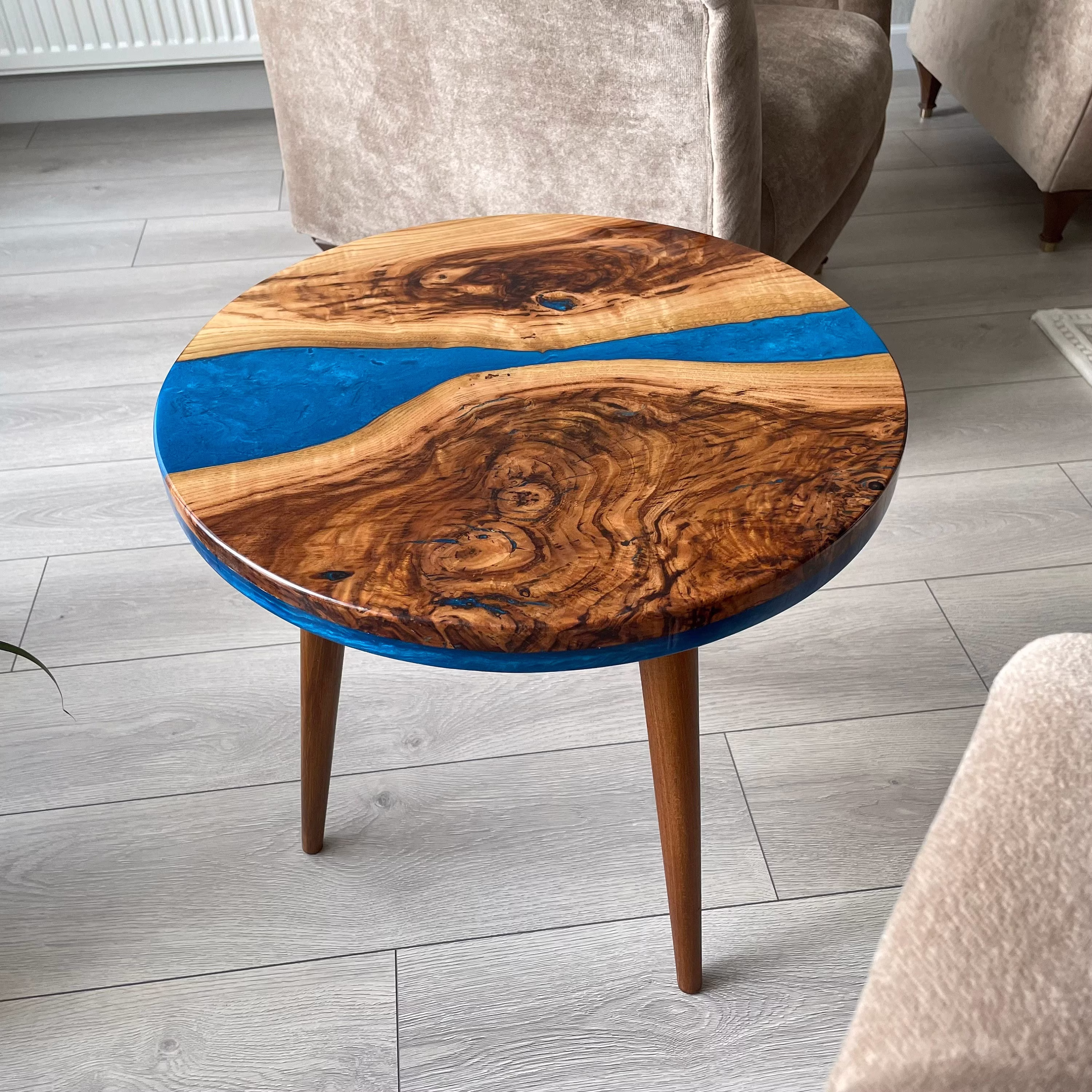20" Resin Walnut Round Side Table | Epoxy End Coffee Mid Century Modern Living Room Furniture Ready To Ship