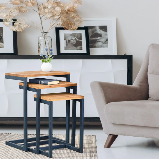 Nesting Tables Set Of 3, Wooden Tables, Side For Living Room, With Metal Legs, Wood
