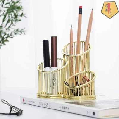 Golden Wrought Iron Pencil Holder Pen Containers Storage Holder Makeup Brush Holder For Office Classroom Home, 3 Compartments