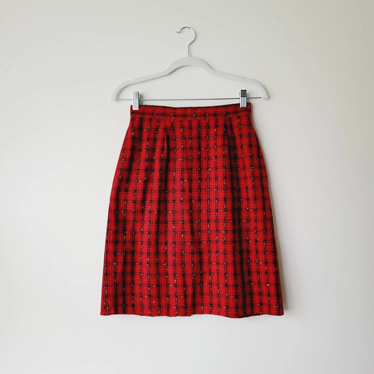 Vintage Dark Academia Red Plaid Pencil Skirt. Classic Schoolgirl Skirt With Pockets. Business Casual Multicolored Grid Tweed