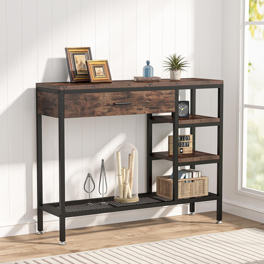 Sofa Console Table with Drawers, Rustic Industrial Entry Table with Shelves