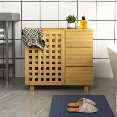 3 Drawer Storage Cabinet With Laundry Hamper Basket For Nursery Bathroom Bedroom, Bamboo Clothes Storage Organizer Natural