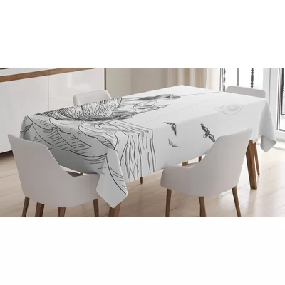 Ambesonne Seagulls Tablecloth, Fisherman With Hat In Boat On Sunny Day Pencil Sketch Styled Illustration, Rectangular Table Cover For Dining Room Kitc