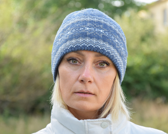 Blue Nordic Woolen Hat With Fair Isle Pattern Beautiful Beanie Ski Hat Fleece-Lined Traditional Scandinavian Winter Gray