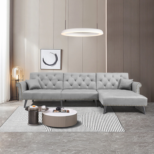 115"L Convertible Sofa Bed Sleeper Velvet w/Nailheads, Light Grey