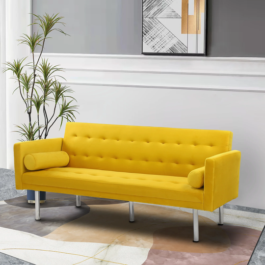 Convertible Folding Futon Sofa Bed, Velvet Upholstered Sleeper Sofa Living Room Pillow Back Loveseat with Metal Legs Support