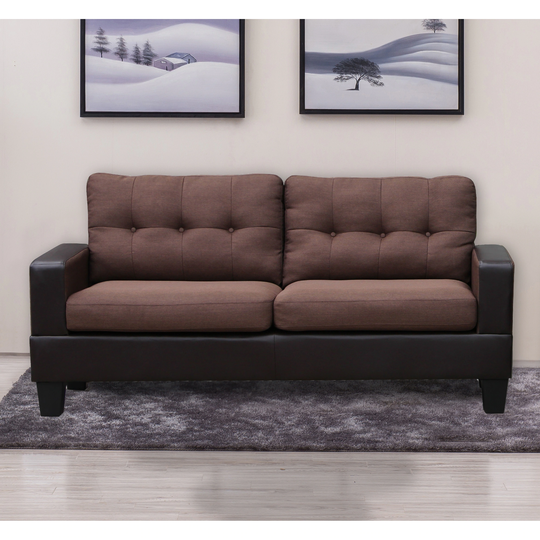 Titanic Furniture Betty Track Arm Sofa in Brown PVC with Brown Linen Tufted Back - 35" H x 72" W x 32" D