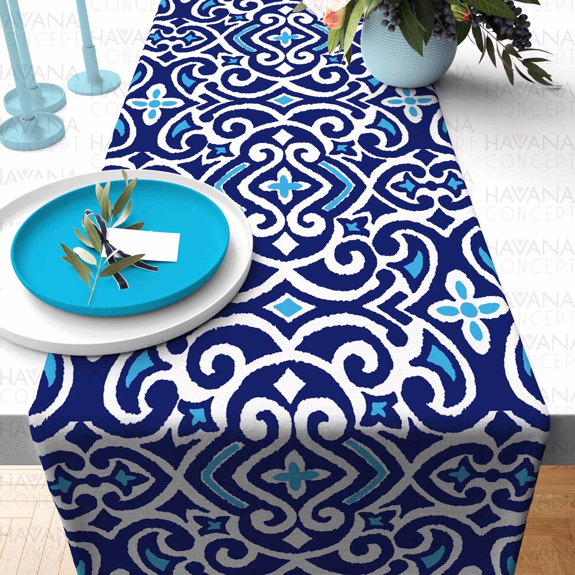 Navy Blue Damask Table Runner, & Azure Boho Linen, Coastal Dining Runner With Various Sizes, Wedding Tablecloths
